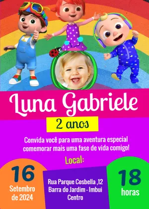 Convite Aniversário Cocomelon com Foto para Editar Online