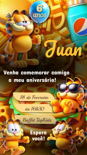 Convite de Aniversário Garfield para Editar Online
