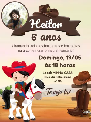 Convite Aniversário Boiadeiro com Foto para Editar Online