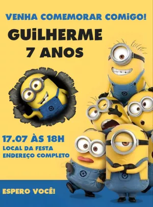 Convite de Aniversário Minions para Editar Online e Imprimir