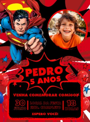 Convite Aniversário Super Homem com Foto para Editar Online