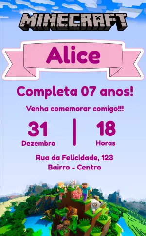 Convite Aniversário Minecraft Menina para Editar Online
