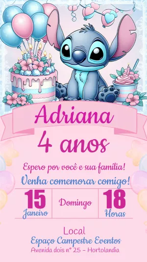 Convite de Aniversário Stitch Fofo para Editar Online