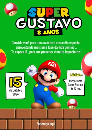 Convite de Aniversário Super Mario Bros para Editar Online