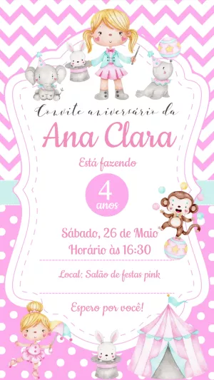 Convite Aniversário Circo Rosa com Animais para Editar