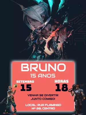 Convite de Aniversário Valorant com Personagens para Editar Online
