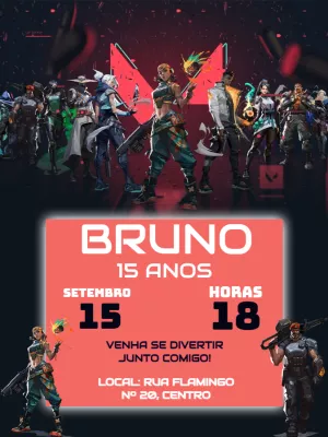 Convite de Aniversário Valorant com Agentes para Editar Online