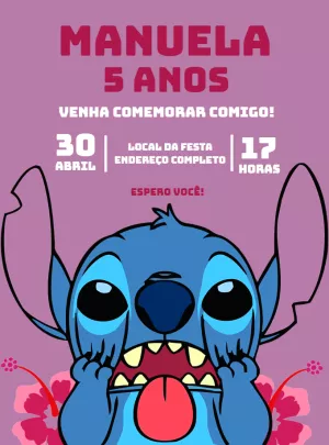Convite Aniversário Stitch Editável para Personalizar Online