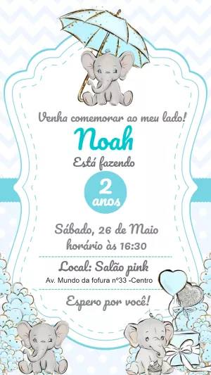 Convite Aniversário Elefantinho Azul para Editar Online