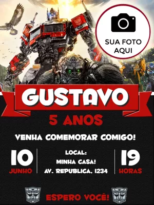 Convite de Aniversário Transformers com Foto para Editar Online