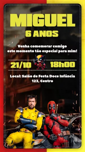 Convite Aniversário Deadpool & Wolverine para Editar Online