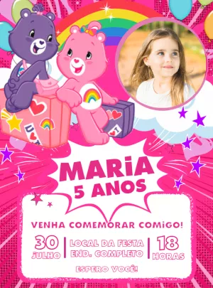 Convite Aniversário Ursinhos Carinhosos com Foto para Editar