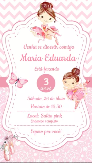 Convite Aniversário Bailarina Aquarela para Editar Online