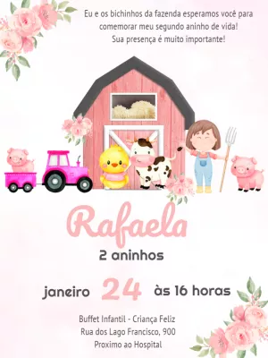 Convite Aniversário Fazendinha Rosa para Editar Online