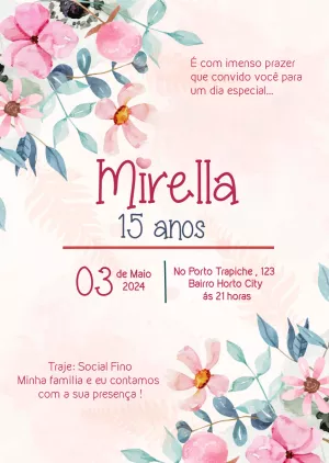 Convite 15 Anos Floral Aquarela para Editar Online