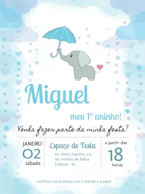 Convite de Aniversário Elefantinho Azul para Editar Online