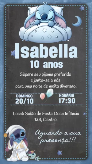Convite Aniversário Festa do Pijama Stitch para Editar Online