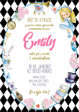 Convite Aniversário Alice no País das Maravilhas para Editar