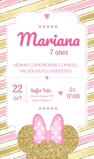 Convite Aniversário Minnie Rosa e Dourado para Editar Online