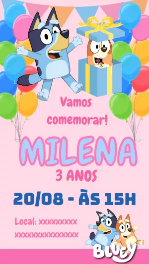 Convite de Aniversário Bluey e Bingo para Editar Online