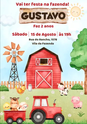 Convite Aniversário Fazendinha Aquarela para Editar Online