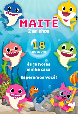 Convite Aniversário Baby Shark com Personagens para Editar