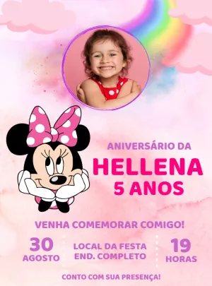 Convite Aniversário Minnie Rosa com Foto para Editar Online