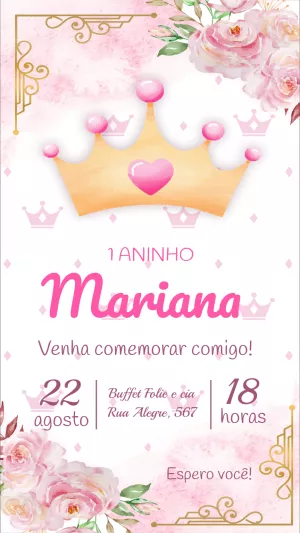 Convite de Aniversário Realeza Rosa com Coroa para Editar