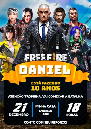 Convite de Aniversário Free Fire com Personagens para Editar