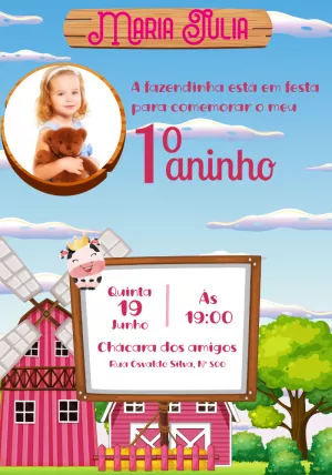 Convite Aniversário Fazendinha com Foto para Editar Online