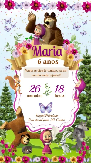 Convite Aniversário Masha e o Urso para Editar Online