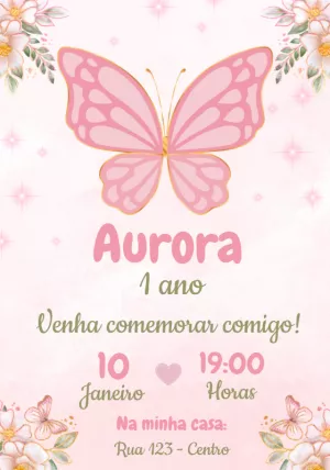 Convite de Aniversário Borboleta Rosa para Editar Online