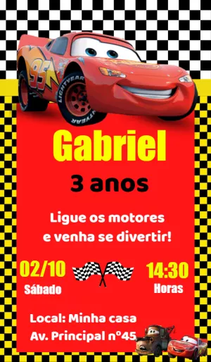 Convite Aniversário Carros Disney para Editar Online