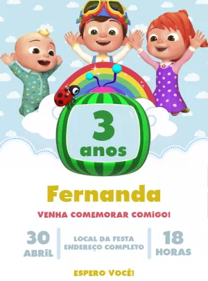 Convite Aniversário Cocomelon com Personagens para Editar Online