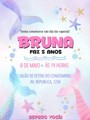 Convite de Aniversário Sereia para Editar Online