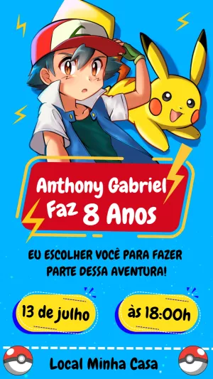 Convite de Aniversário Pokémon com Ash e Pikachu para Editar
