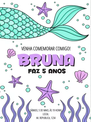 Convite de Aniversário Sereia com Cauda para Editar Online