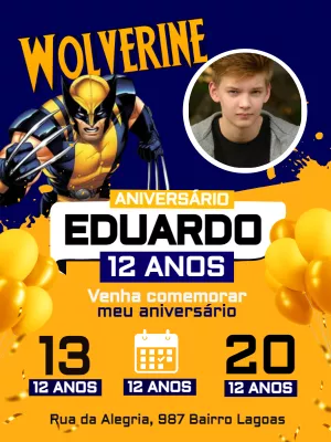 Convite de Aniversário Wolverine com Foto para Editar Online