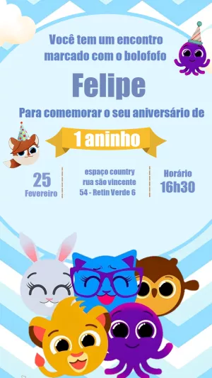 Convite Aniversário Bolofofos com a Turma para Editar Online