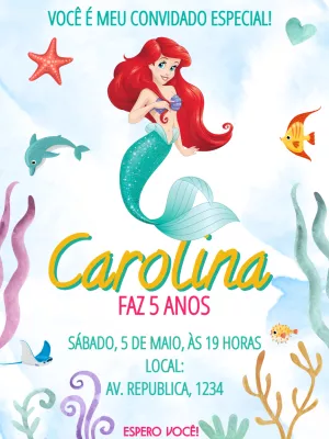 Convite de Aniversário Pequena Sereia para Editar Online