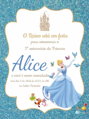 Convite de Aniversário Cinderela para Editar e Imprimir