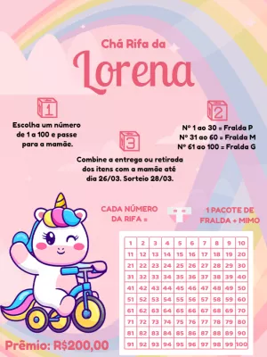 Chá Rifa de Bebê Unicórnio Fofo para Editar Online