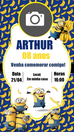 Convite Aniversário Minions com Foto para Editar Online