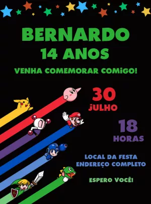 Convite de Aniversário Video Game Retrô para Editar Online