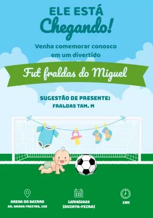 Convite Fut Fraldas tema Futebol para Editar Online e Imprimir