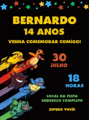 Convite de Aniversário Pokémon com Personagens para Editar Online