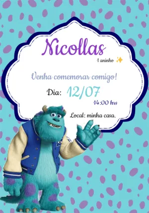Convite de Aniversário Monstros SA com Sulley para Editar Online