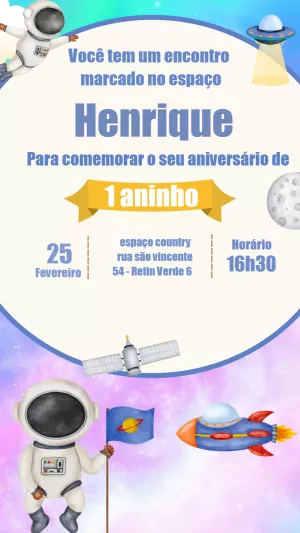 Convite Aniversário Astronauta no Espaço para Editar Online