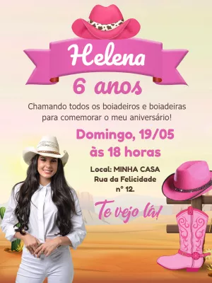 Convite de Aniversário Boiadeira Country para Editar com Foto