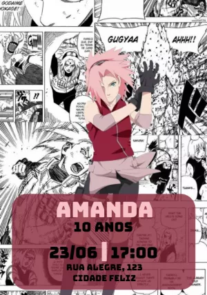 Convite de Aniversário Naruto Sakura Quadrinhos para Editar